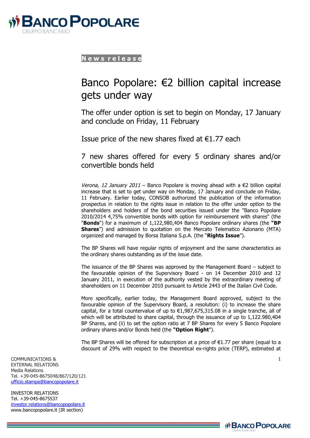 Banco Popolare: €2 Billion Capital Increase Gets Under Way