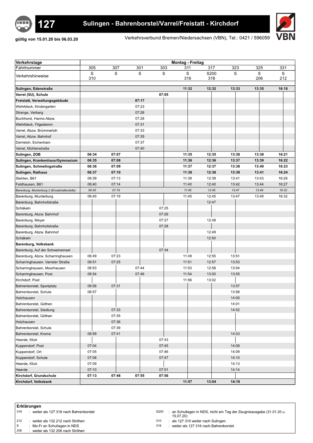 Sulingen - Bahrenborstel/Varrel/Freistatt - Kirchdorf Gültig Von 15.01.20 Bis 06.03.20 Verkehrsverbund Bremen/Niedersachsen (VBN), Tel.: 0421 / 596059