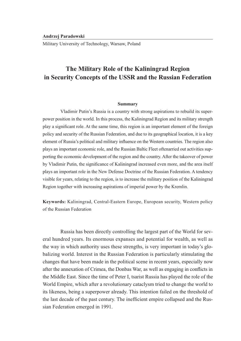 The Military Role of the Kaliningrad Region in Security Concepts of the USSR and the Russian Federation