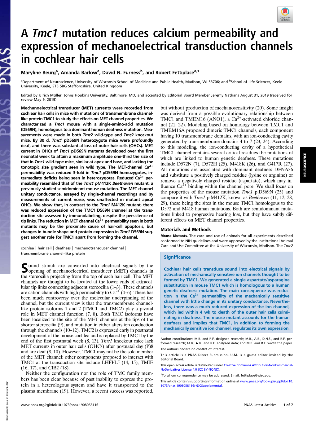 A Tmc1 Mutation Reduces Calcium Permeability and Expression of Mechanoelectrical Transduction Channels in Cochlear Hair Cells