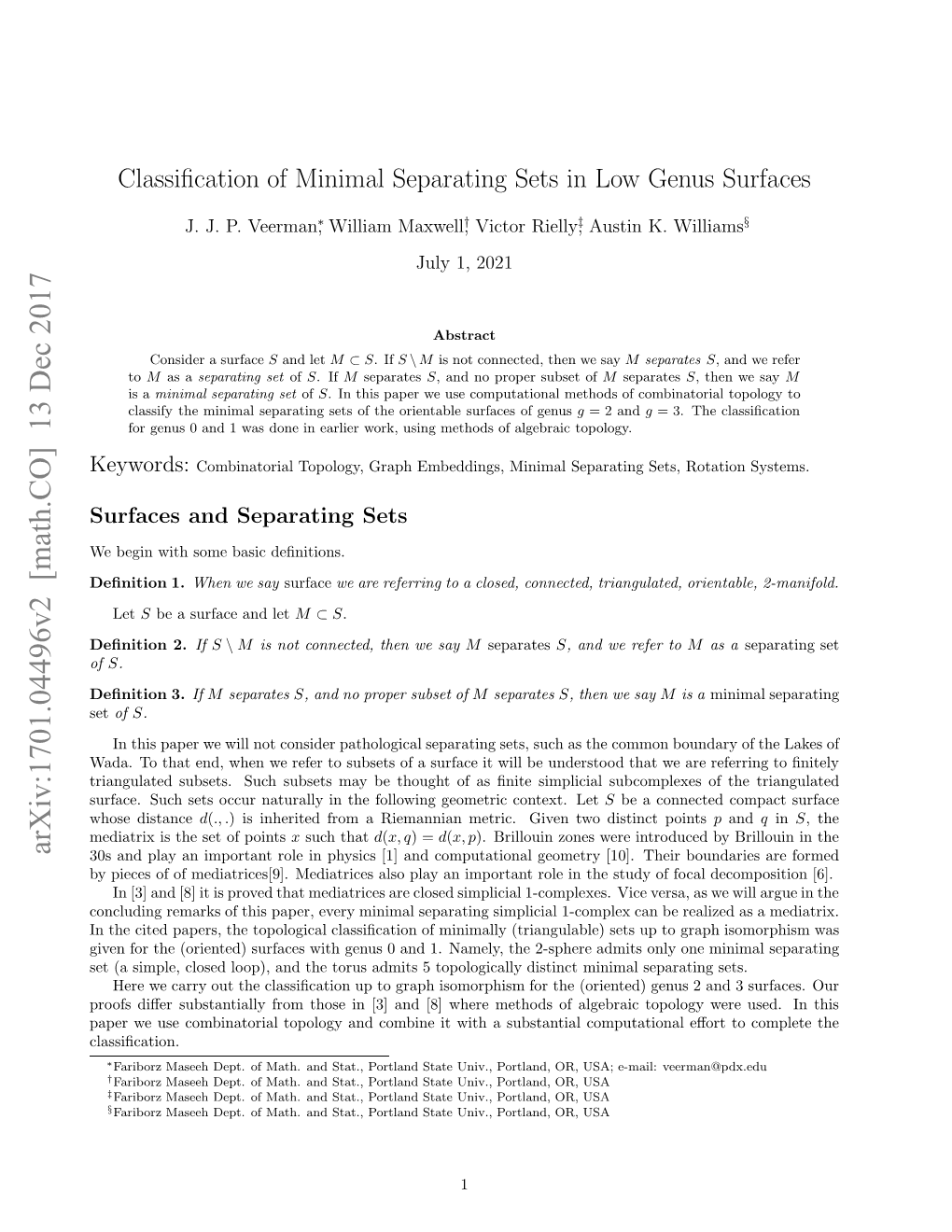 Classification of Minimal Separating Sets in Low Genus Surfaces