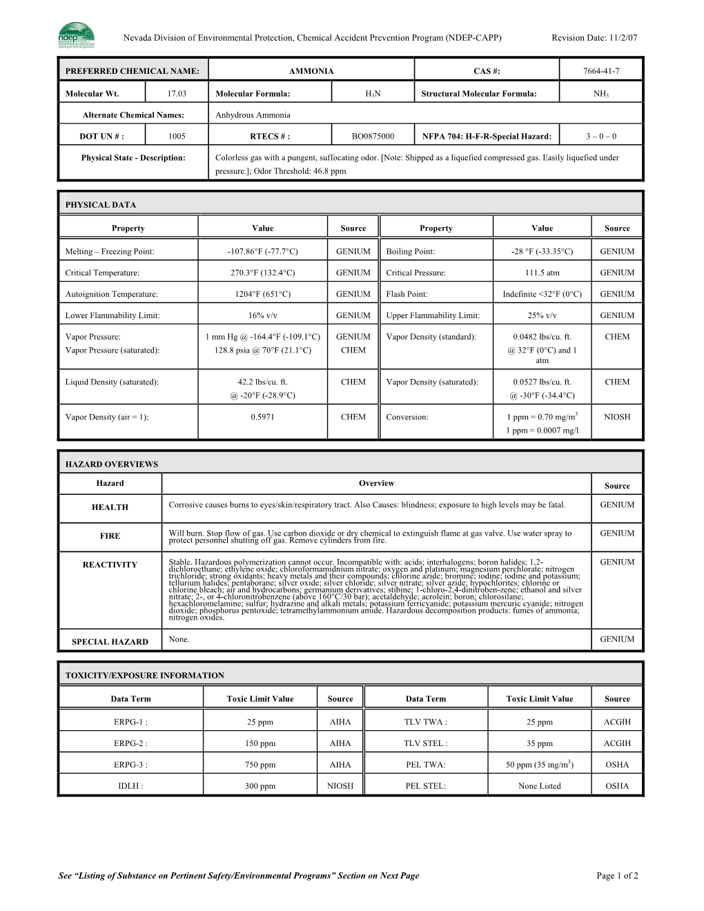 Nevada Division of Environmental Protection, Chemical Accident Prevention Program (NDEP-CAPP) Revision Date: 11/2/07