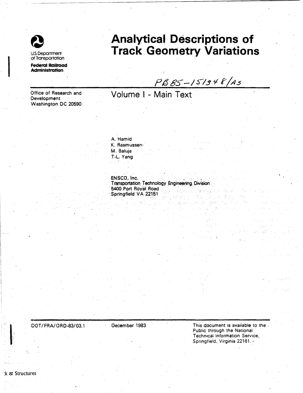 Analytics~ Descriptions Of· Track . Geometry Variations