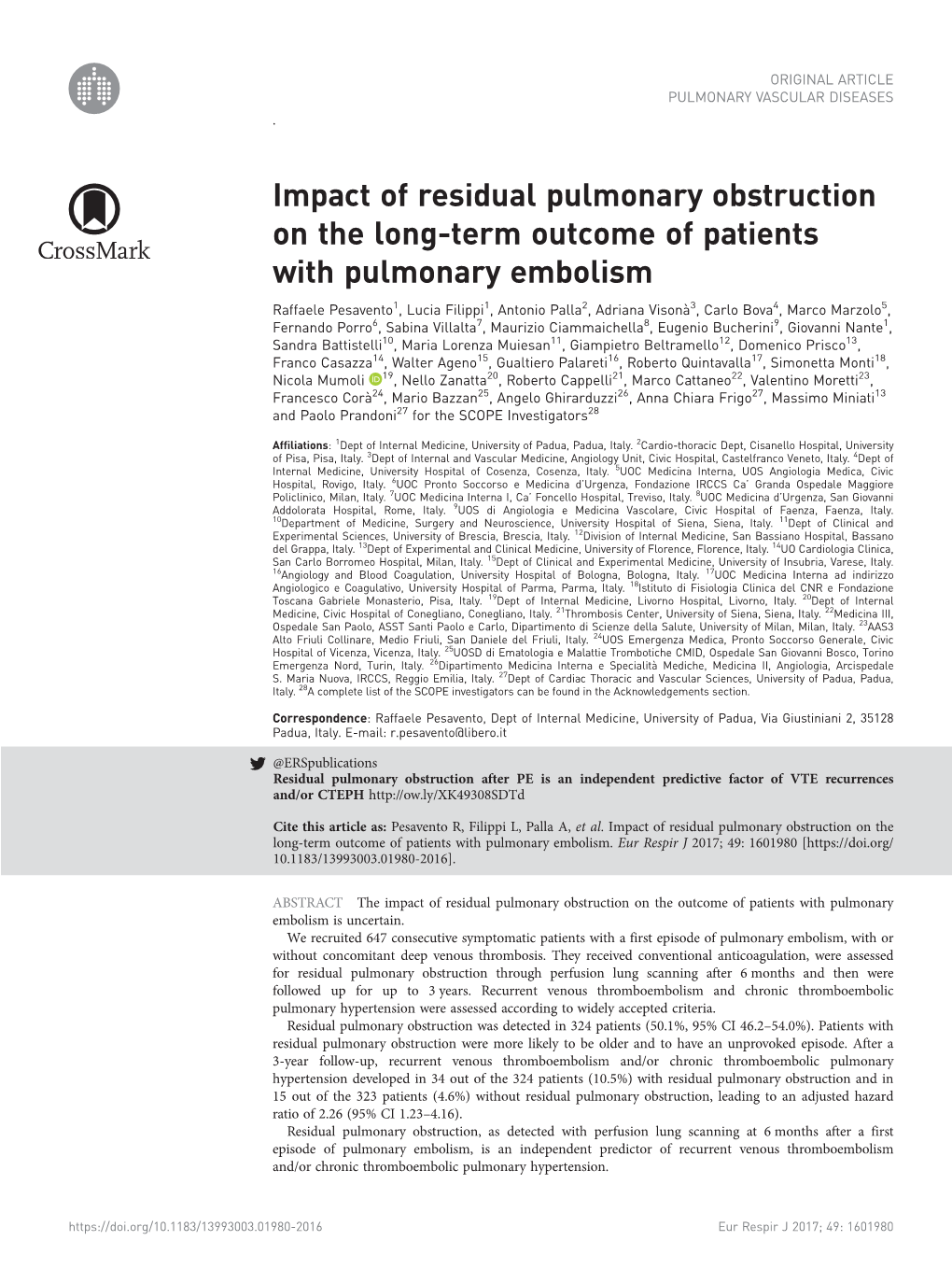 Impact of Residual Pulmonary Obstruction on the Long-Term Outcome of Patients with Pulmonary Embolism