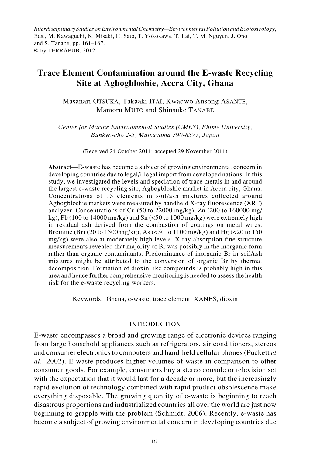 Trace Element Contamination Around the E-Waste Recycling Site at Agbogbloshie, Accra City, Ghana