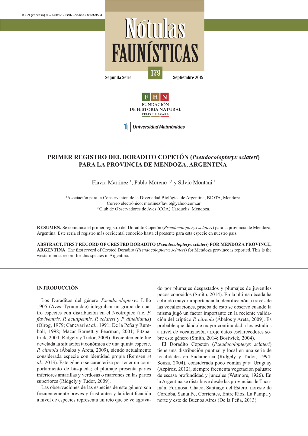 Nótulasnótulas FAUNÍSTICAS 179 Segunda Serie Septiembre 2015