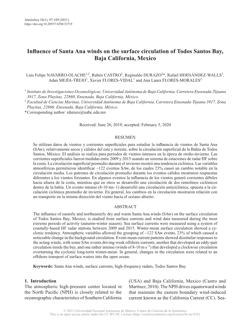 Influence of Santa Ana Winds on the Surface Circulation of Todos Santos Bay, Baja California, Mexico