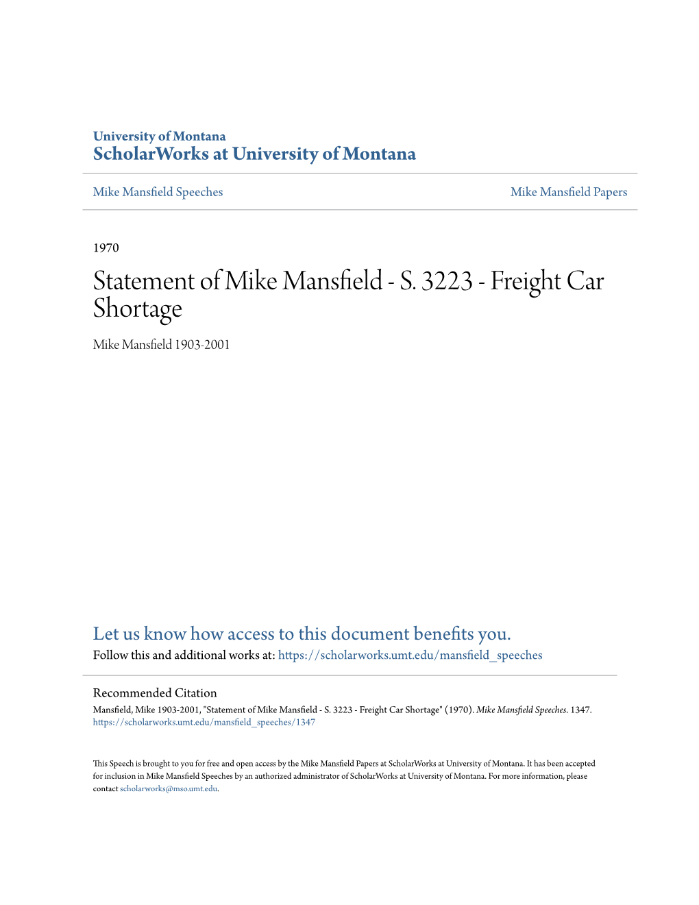 Statement of Mike Mansfield - .S 3223 - Freight Car Shortage Mike Mansfield 1903-2001