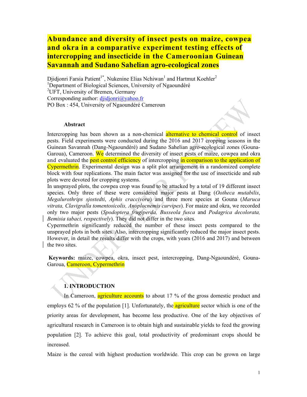 Abundance and Diversity of Insect Pests on Maize, Cowpea and Okra In