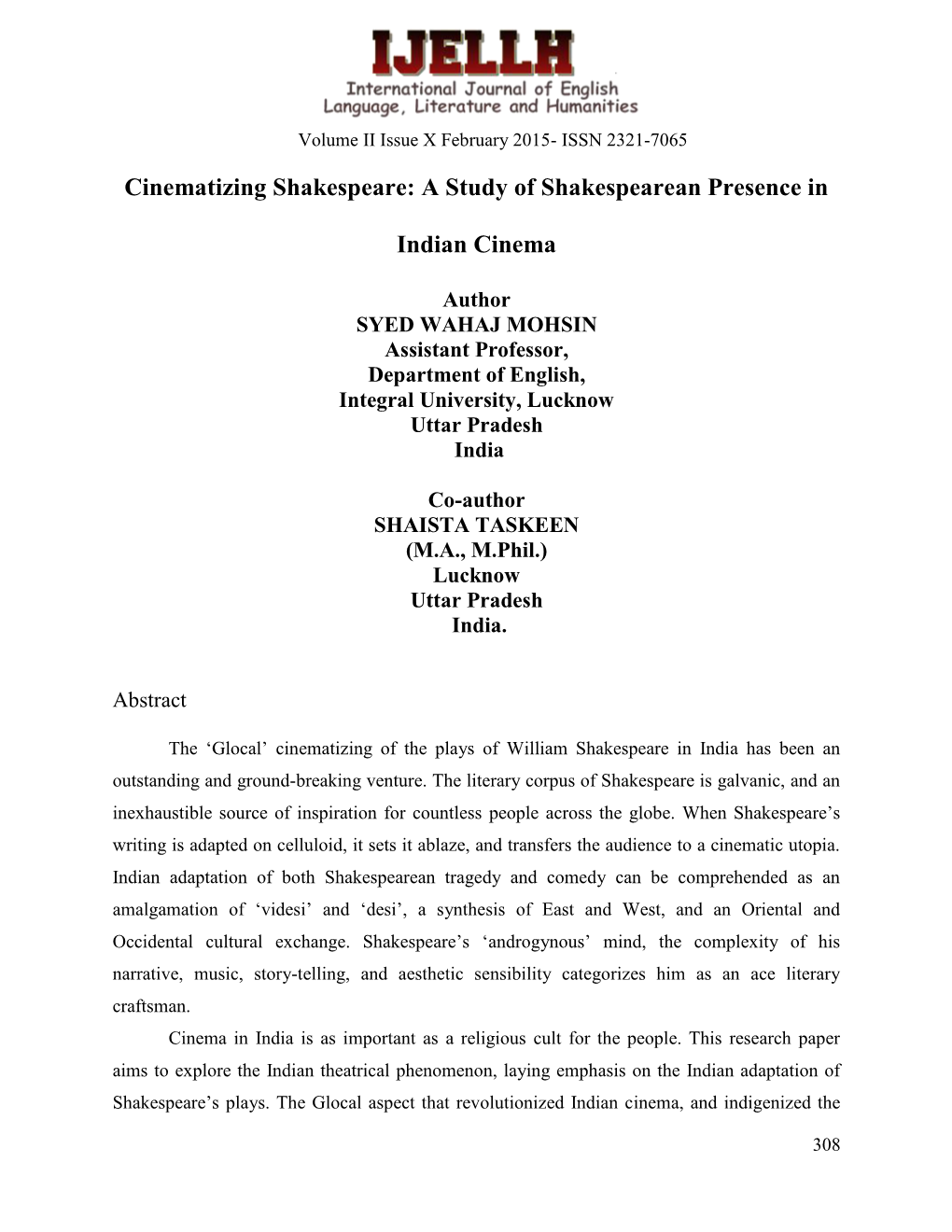 Cinematizing Shakespeare: a Study of Shakespearean Presence In