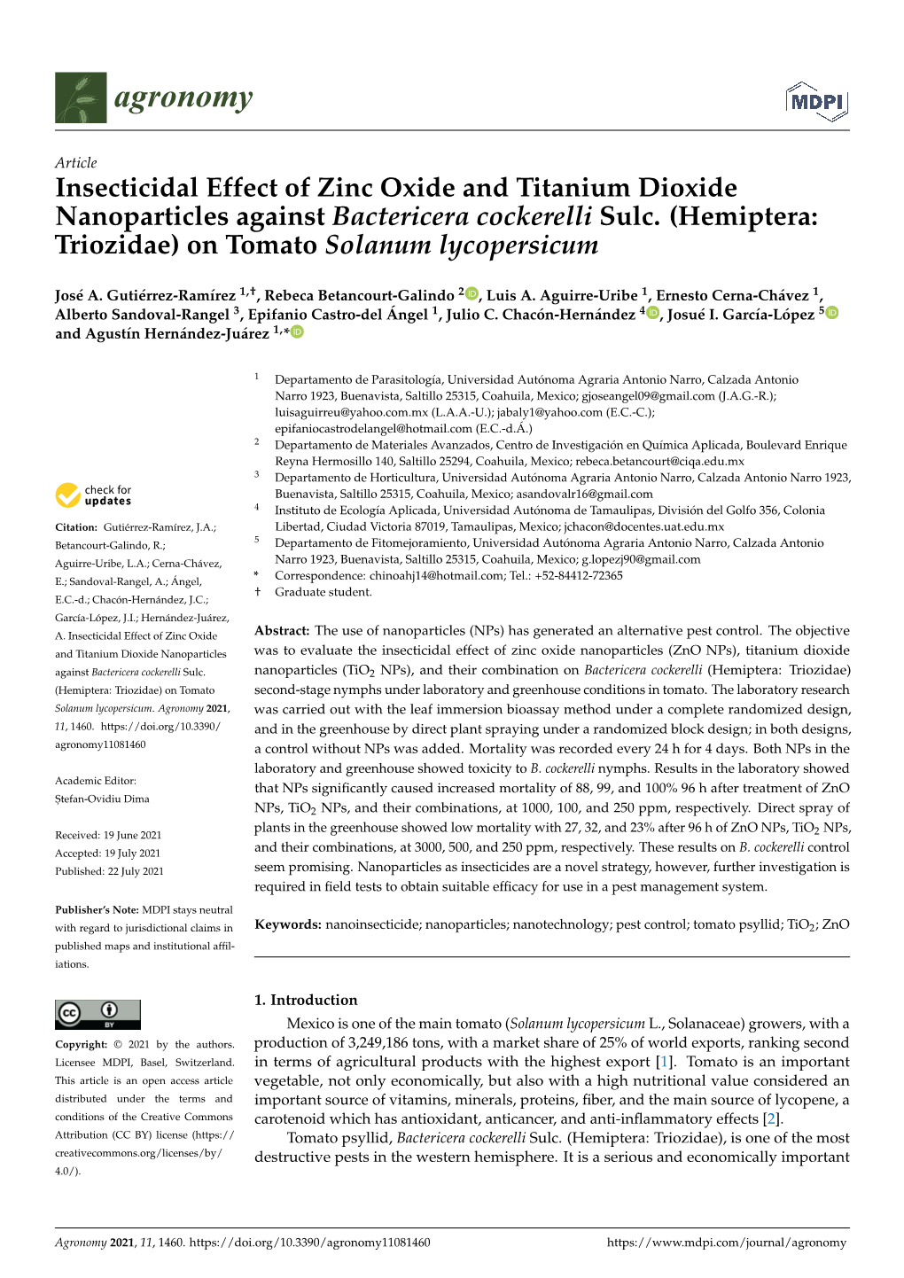 Insecticidal Effect of Zinc Oxide and Titanium Dioxide Nanoparticles Against Bactericera Cockerelli Sulc