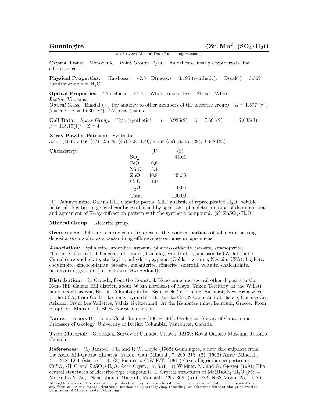 Gunningite (Zn, Mn )SO4 • H2O C 2001-2005 Mineral Data Publishing, Version 1 Crystal Data: Monoclinic