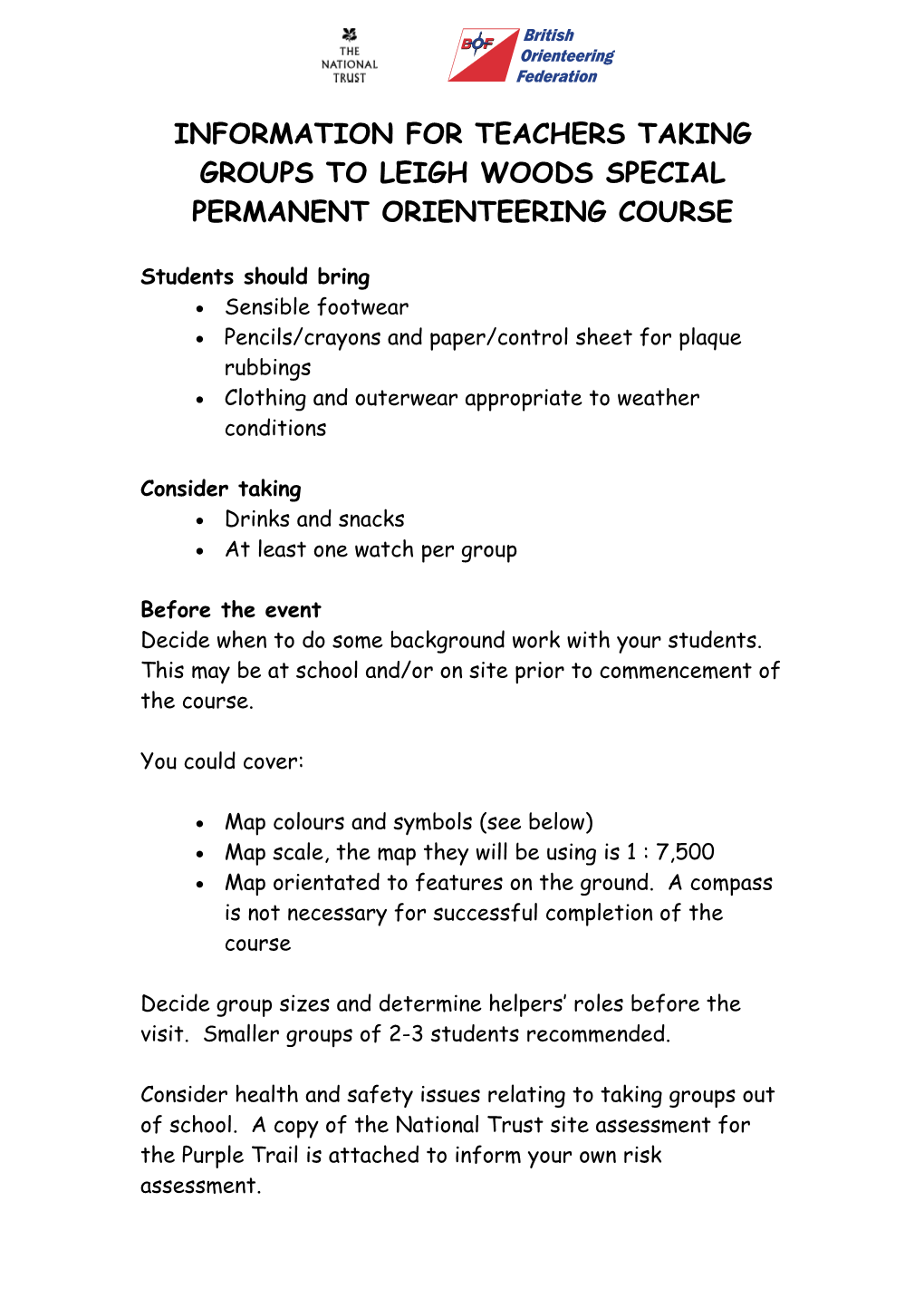 Information for Teachers Taking Groups to Bath Skyline Permanent Orienteering Course