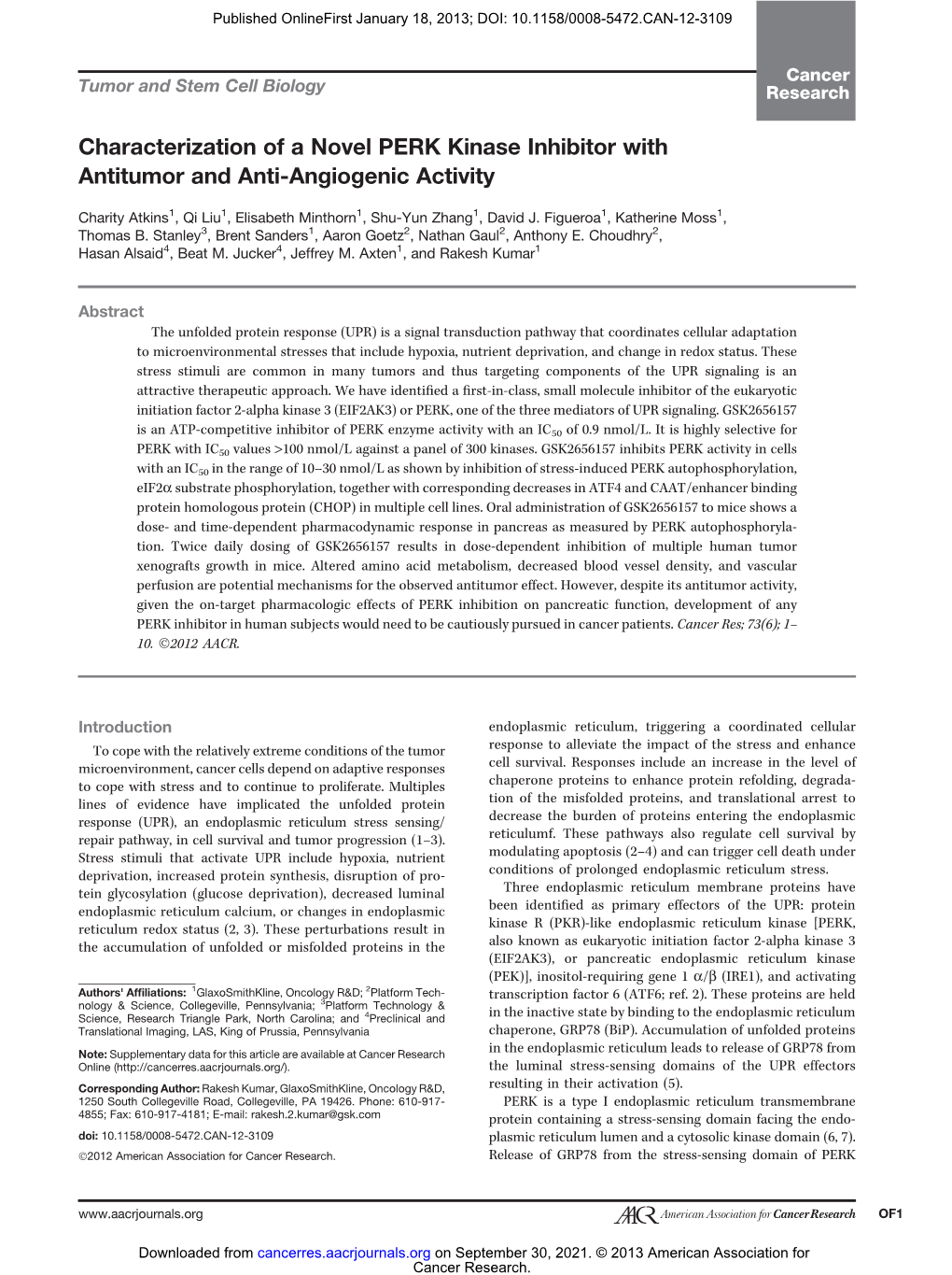 Characterization of a Novel PERK Kinase Inhibitor with Antitumor and Anti-Angiogenic Activity