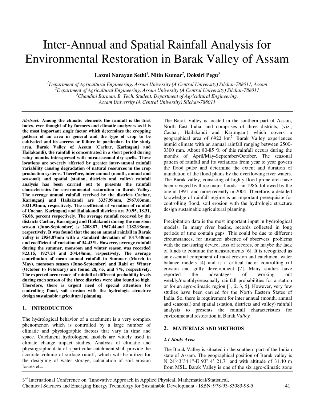 Inter-Annual and Spatial Rainfall Analysis for Environmental Restoration in Barak Valley of Assam