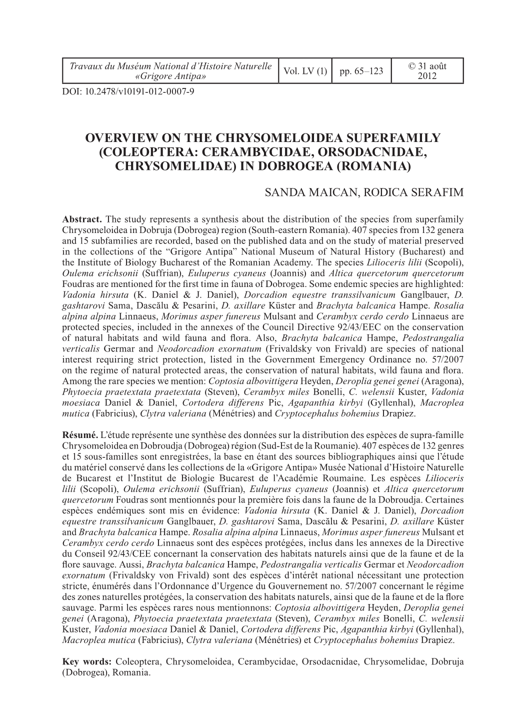 Overview on the Chrysomeloidea Superfamily (Coleoptera: Cerambycidae, Orsodacnidae, Chrysomelidae) in Dobrogea (Romania)