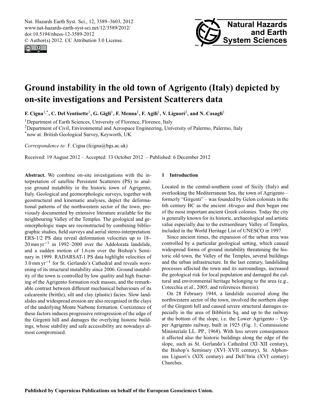 Ground Instability in the Old Town of Agrigento (Italy) Depicted by On-Site Investigations and Persistent Scatterers Data