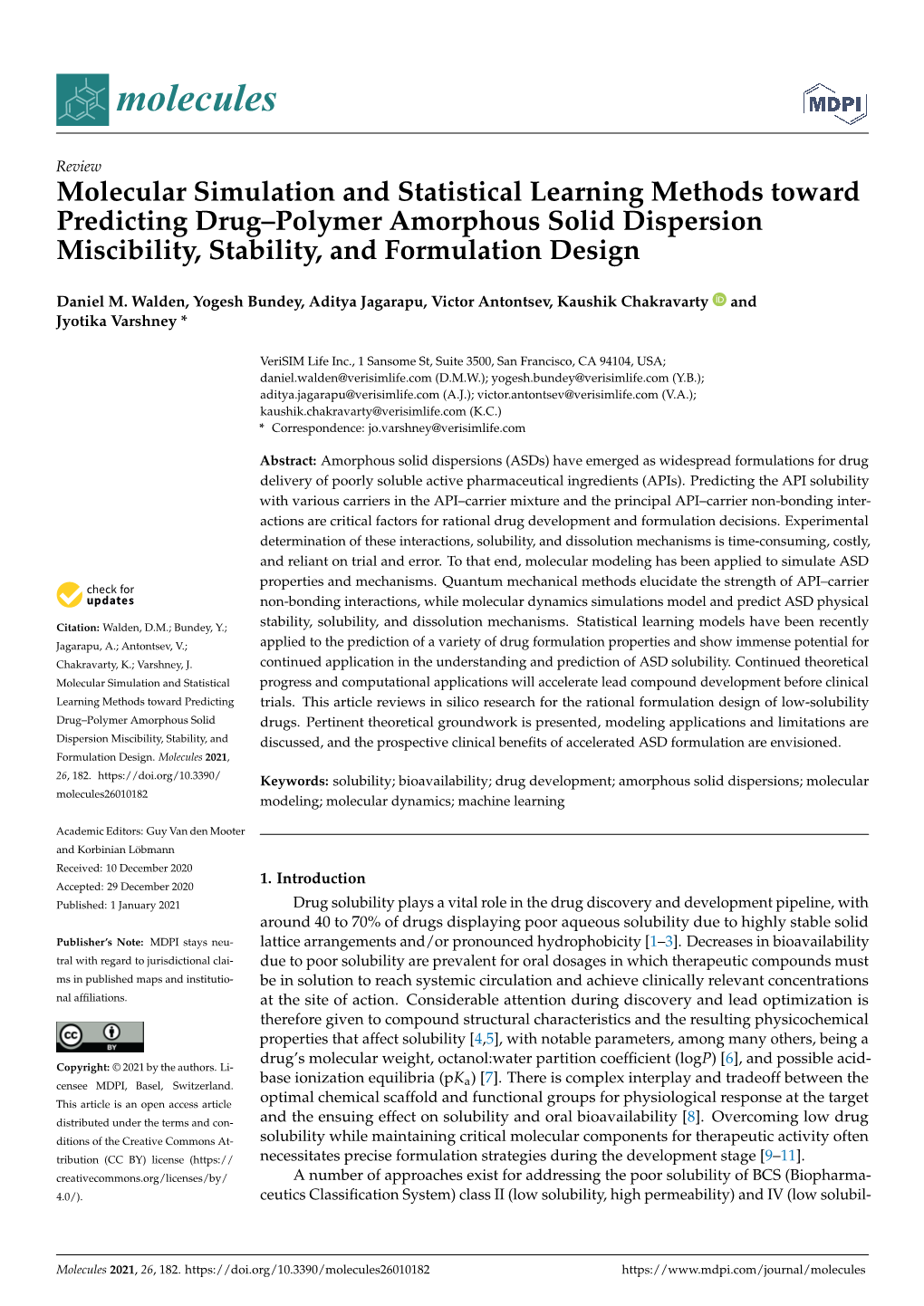 Molecular Simulation and Statistical Learning Methods Toward Predicting Drug–Polymer Amorphous Solid Dispersion Miscibility, Stability, and Formulation Design