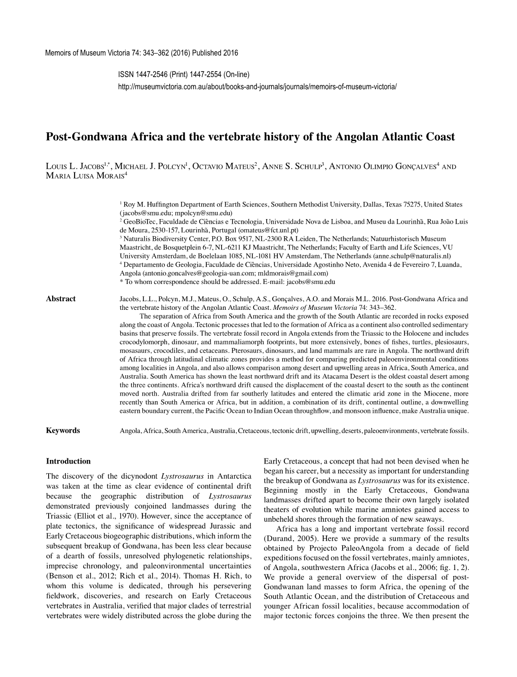 Post-Gondwana Africa and the Vertebrate History of the Angolan Atlantic Coast