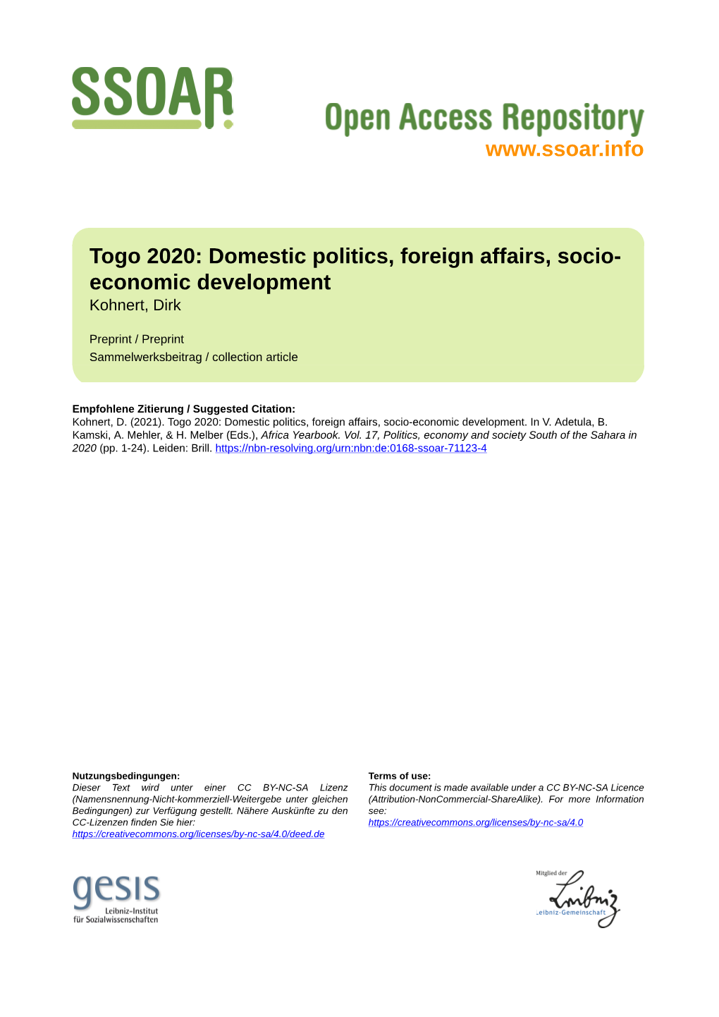 Togo 2020: Domestic Politics, Foreign Affairs, Socio- Economic Development Kohnert, Dirk