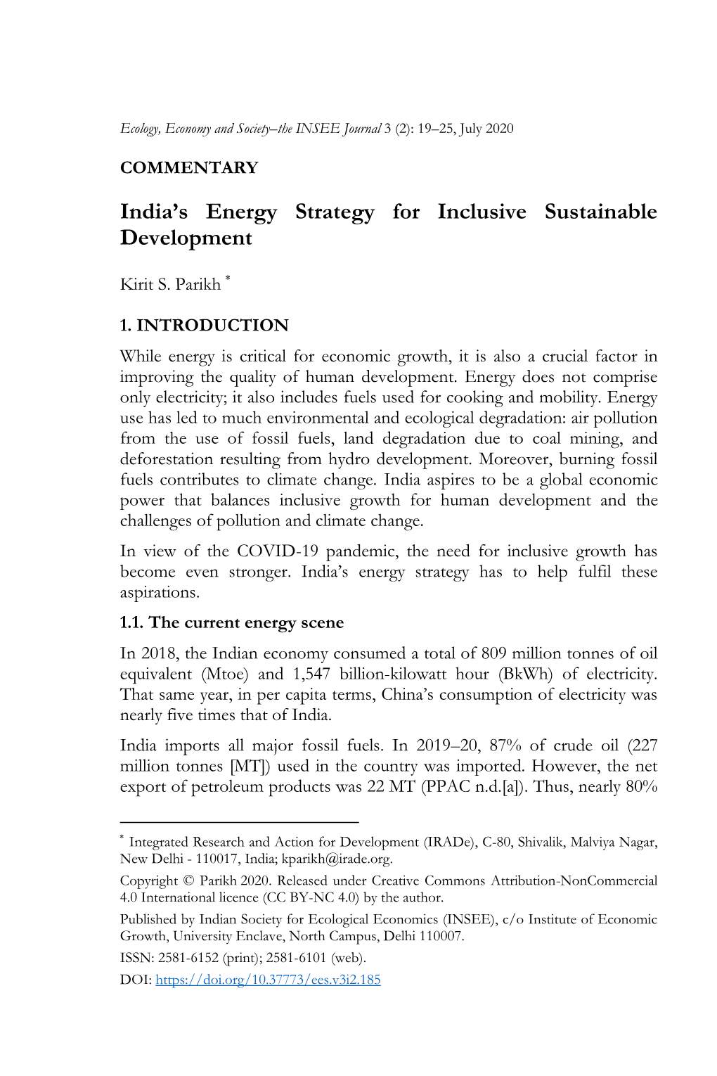 India's Energy Strategy for Inclusive Sustainable Development