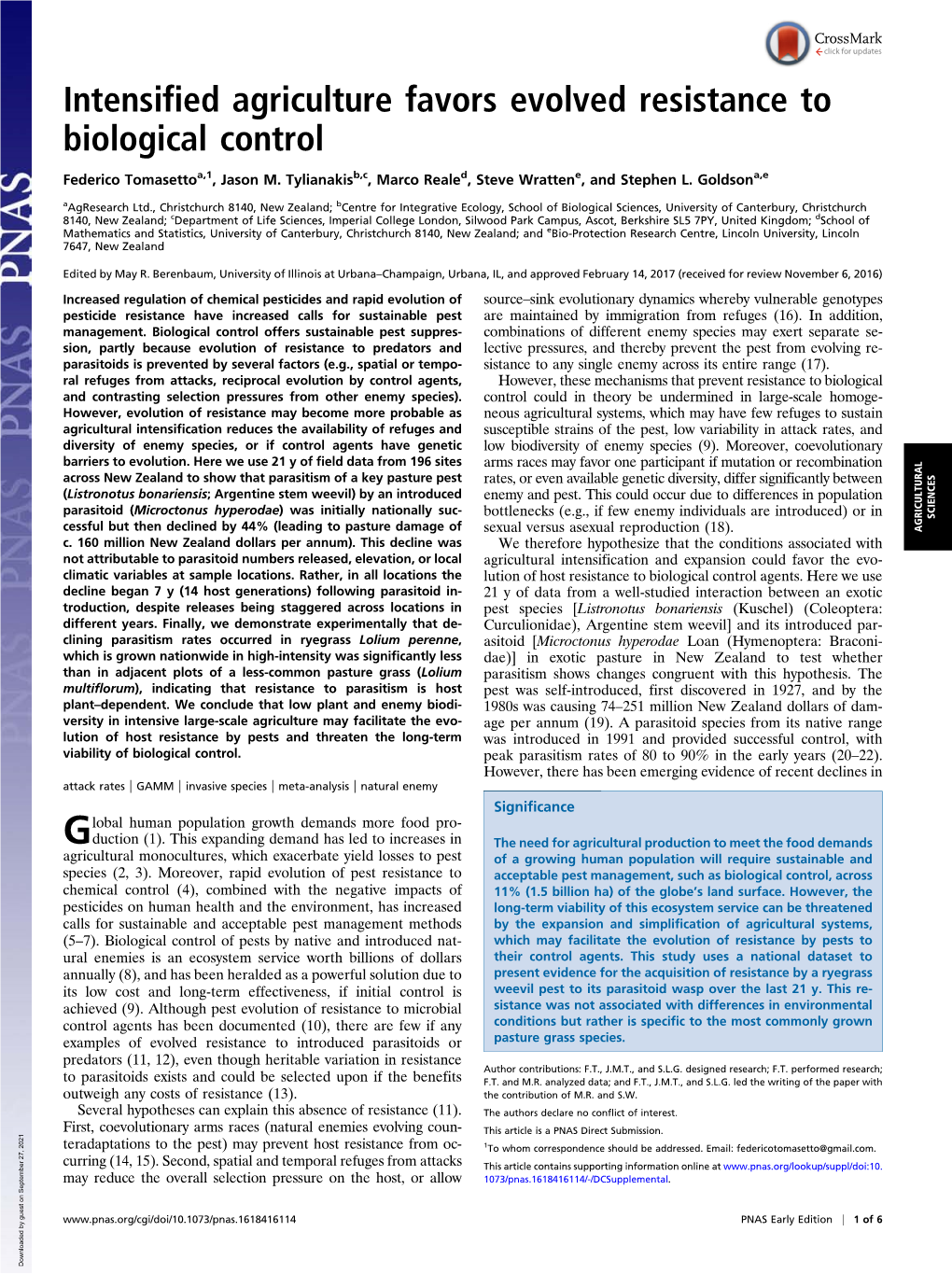 Intensified Agriculture Favors Evolved Resistance to Biological Control