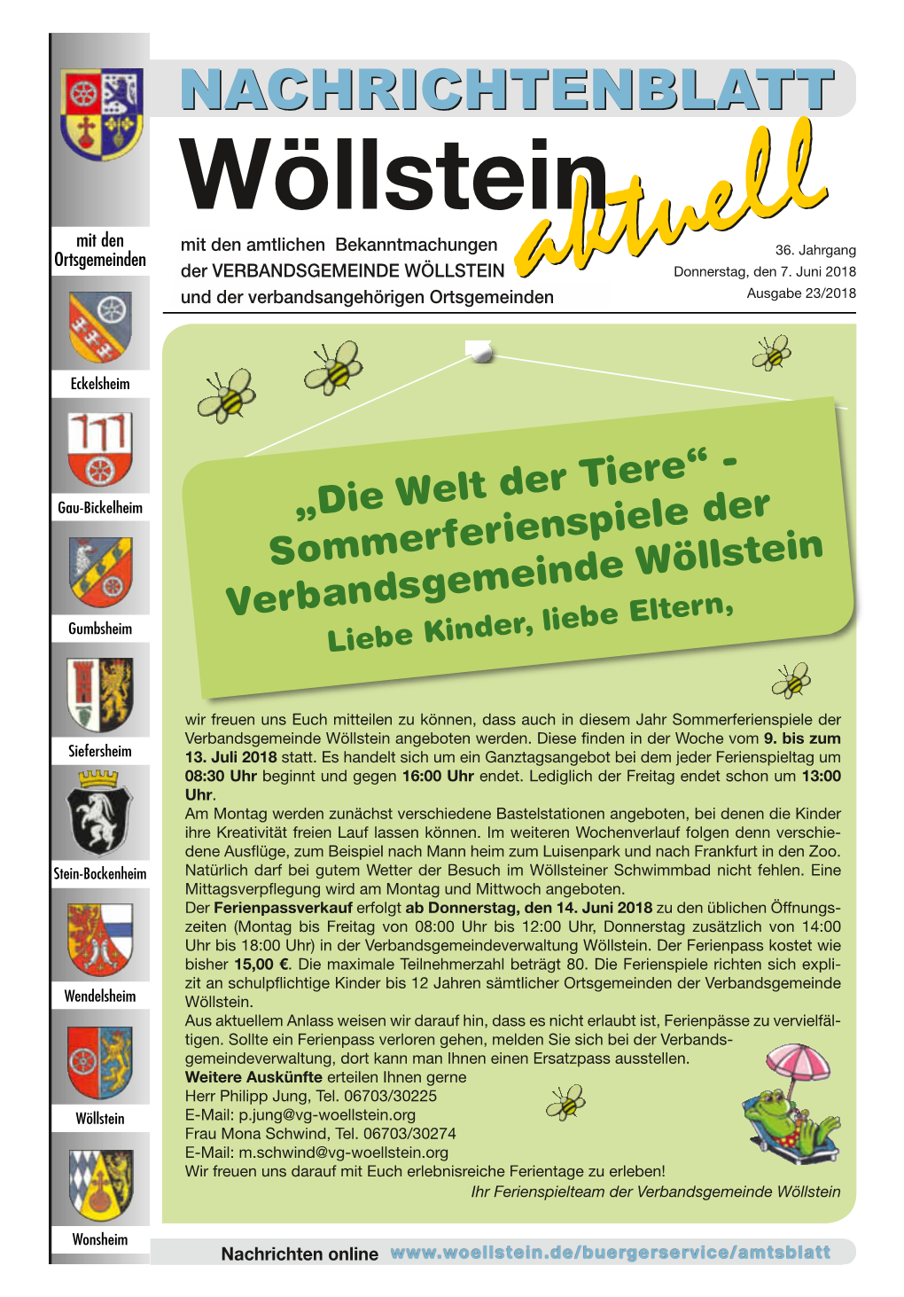 Die Welt Der Tiere“ - Sommerferienspiele Der Verbandsgemeinde Wöllstein Liebe Kinder, Liebe Eltern