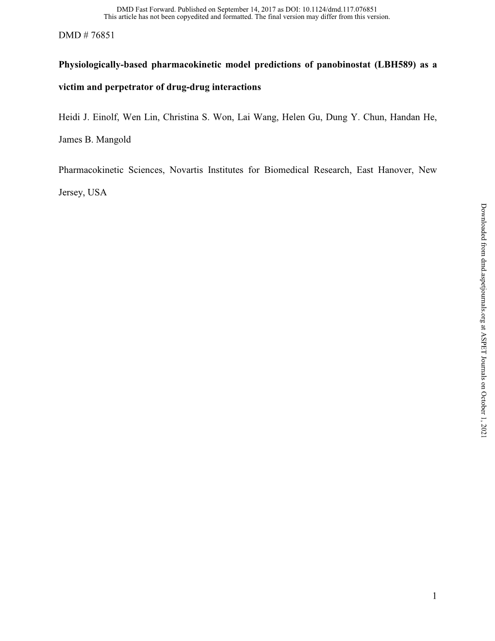 Physiologically-Based Pharmacokinetic Model Predictions of Panobinostat (LBH589) As a Victim and Perpetrator of Drug-Drug Interactions