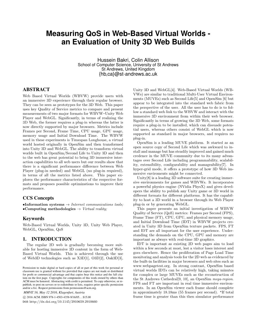 Measuring Qos in Web-Based Virtual Worlds - an Evaluation of Unity 3D Web Builds