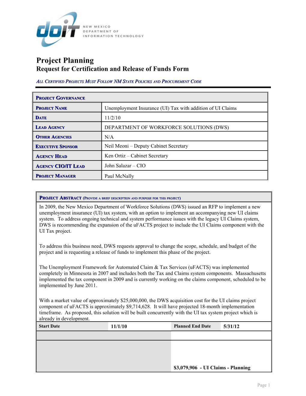 Request for Certification and Release of Funds Form s11