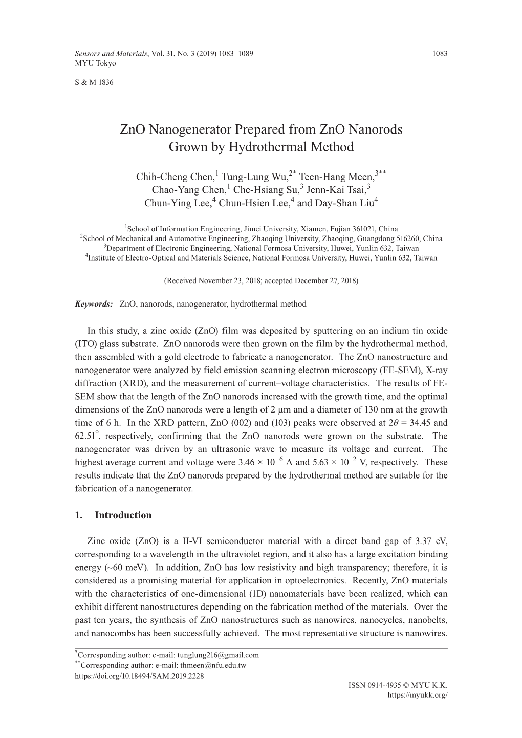 Zno Nanogenerator Prepared from Zno Nanorods Grown by Hydrothermal Method