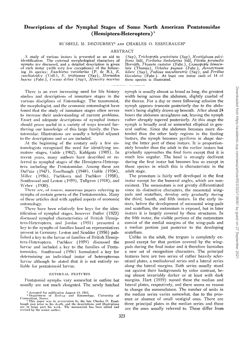 Descriptions of the Nymphal Stages of Some North American Pentatomidae (Hemiptera-Heteroptera)X