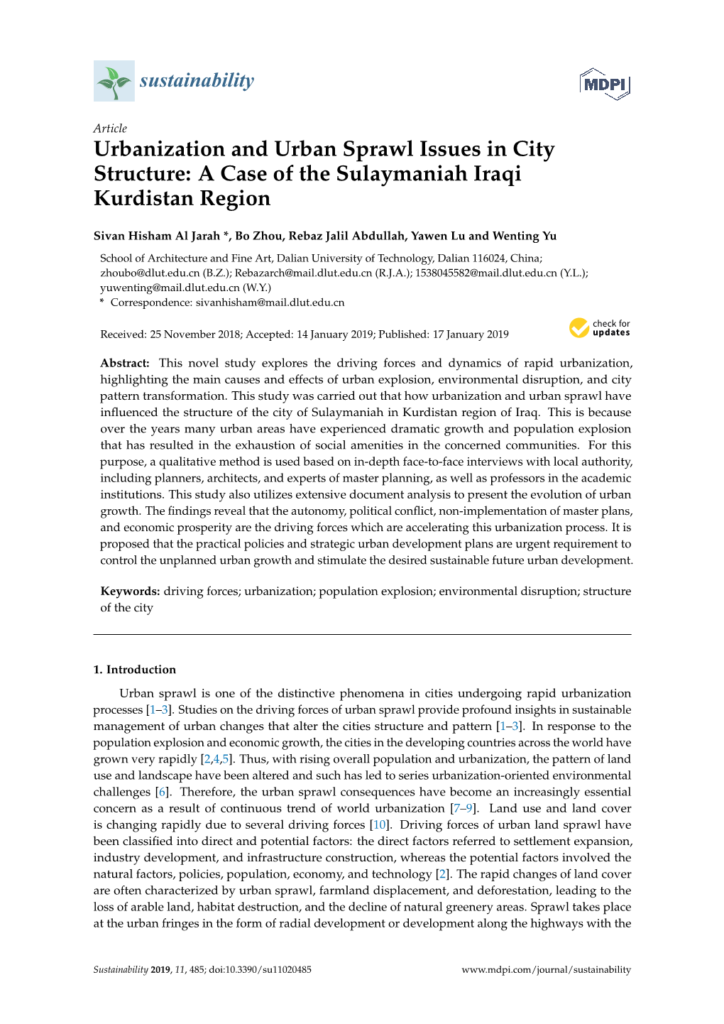 Urbanization and Urban Sprawl Issues in City Structure: a Case of the Sulaymaniah Iraqi Kurdistan Region