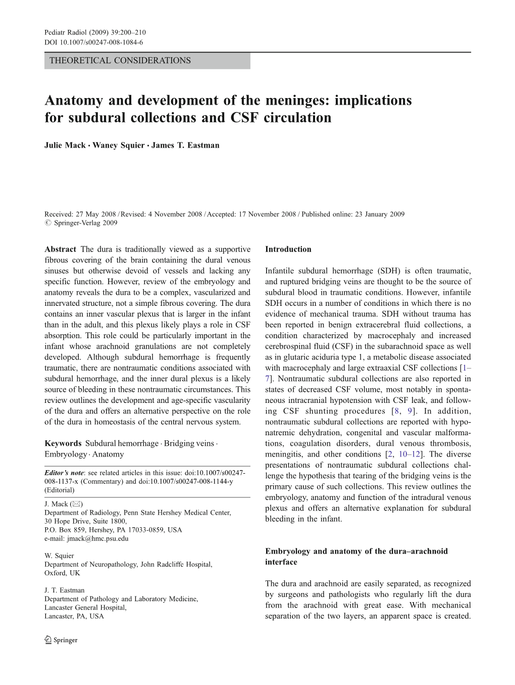 Anatomy and Development of the Meninges: Implications for Subdural Collections and CSF Circulation