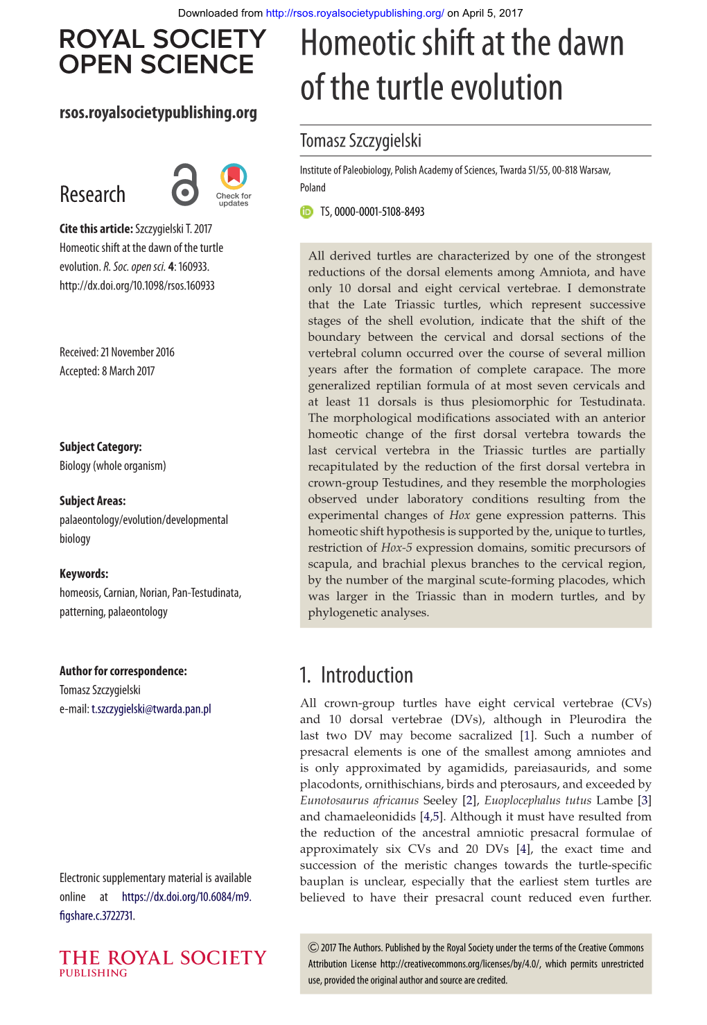 Homeotic Shift at the Dawn of the Turtle Evolution Rsos.Royalsocietypublishing.Org Tomasz Szczygielski