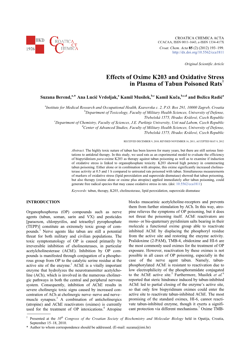 Effects of Oxime K203 and Oxidative Stress in Plasma of Tabun Poisoned Rats†