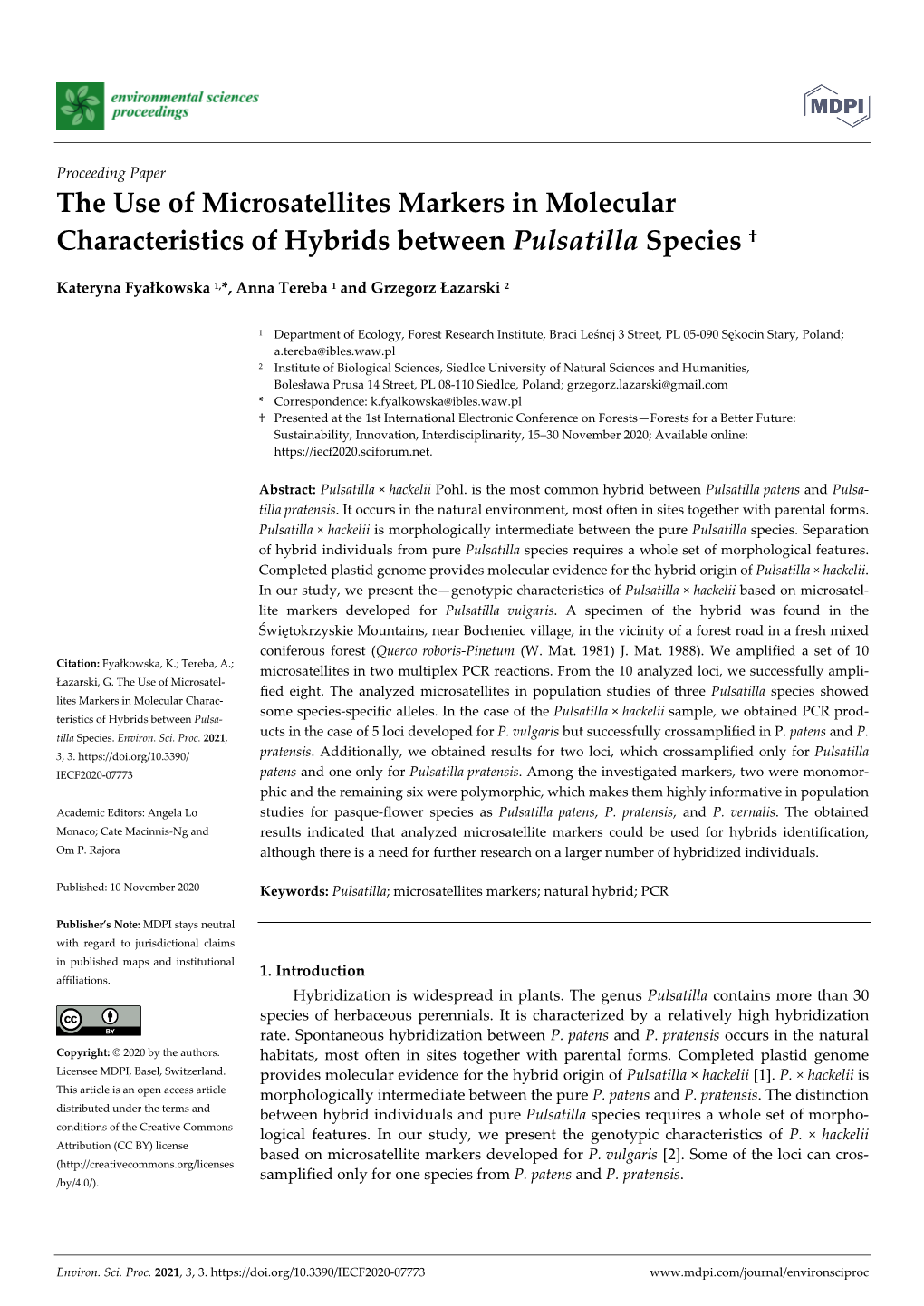 The Use of Microsatellites Markers in Molecular Characteristics of Hybrids Between Pulsatilla Species †