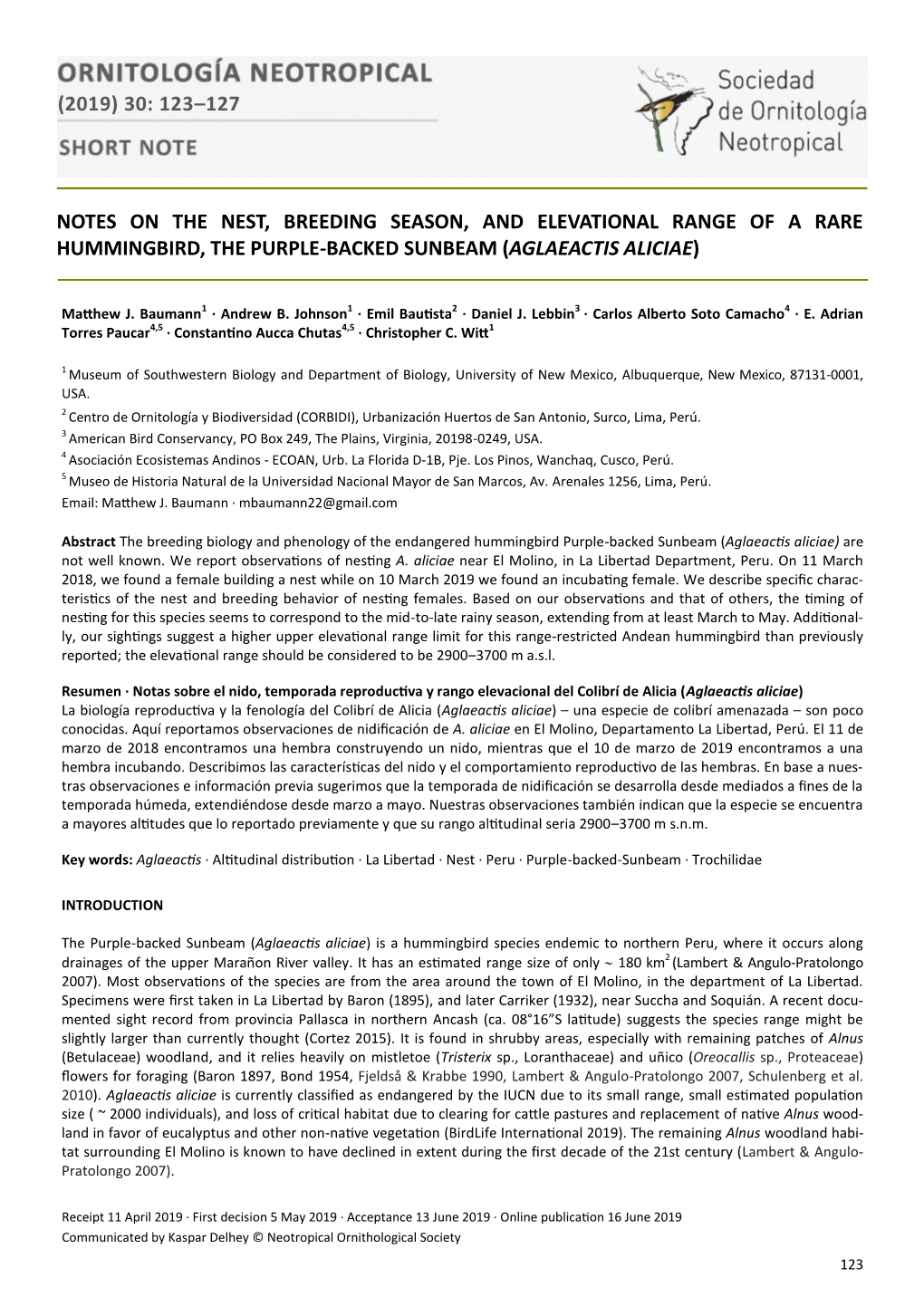 On the Nest, Breeding Season, and Elevational Range of a Rare Hummingbird, the Purple-Backed Sunbeam (Aglaeactis Aliciae)
