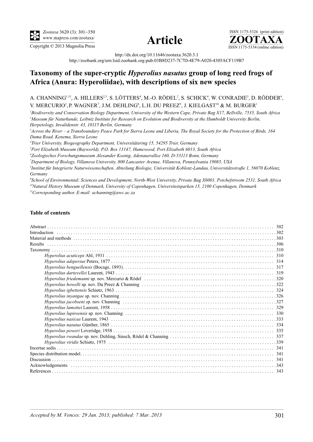 Taxonomy of the Super-Cryptic Hyperolius Nasutus Group of Long Reed Frogs of Africa (Anura: Hyperoliidae), with Descriptions of Six New Species