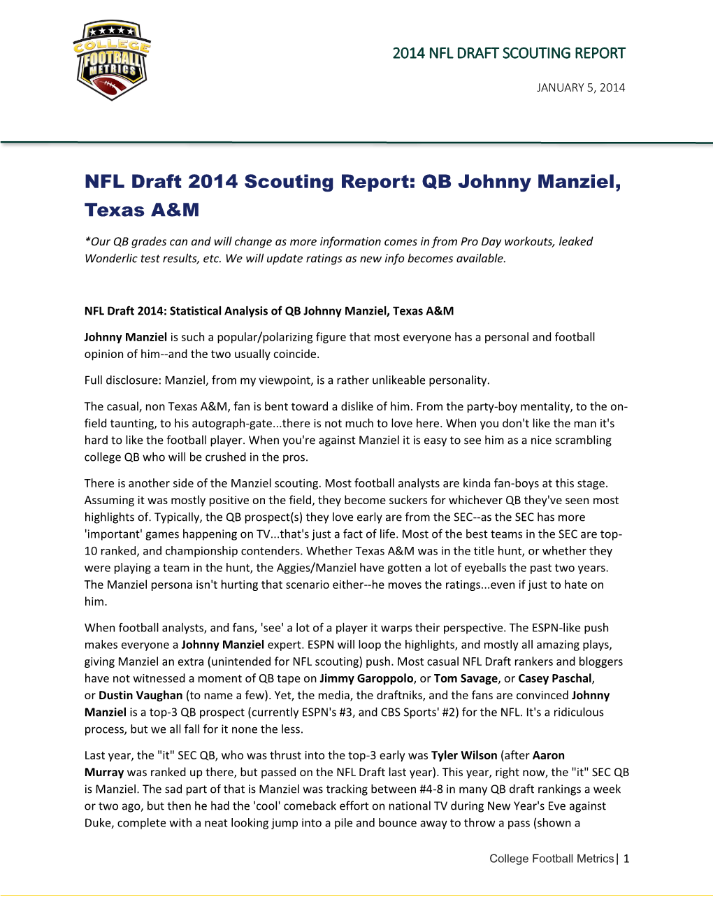 NFL Draft 2014 Scouting Report: QB Johnny Manziel, Texas A&M