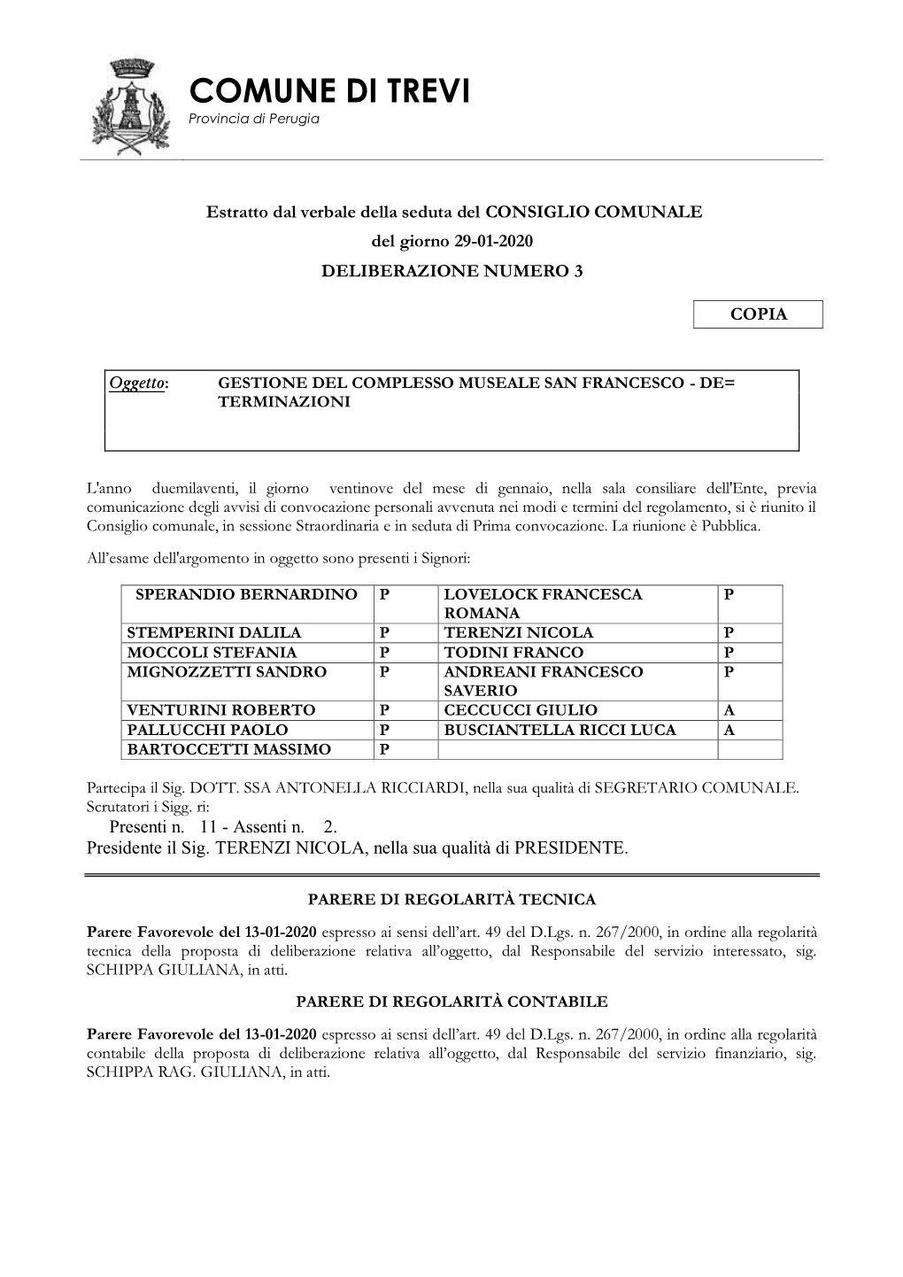 Deliberazione Consiglio Comunale N. 3 Del 29.01.2020