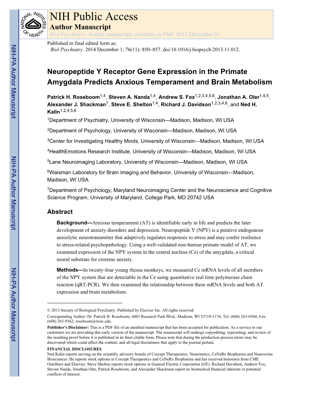 NIH Public Access Author Manuscript Biol Psychiatry