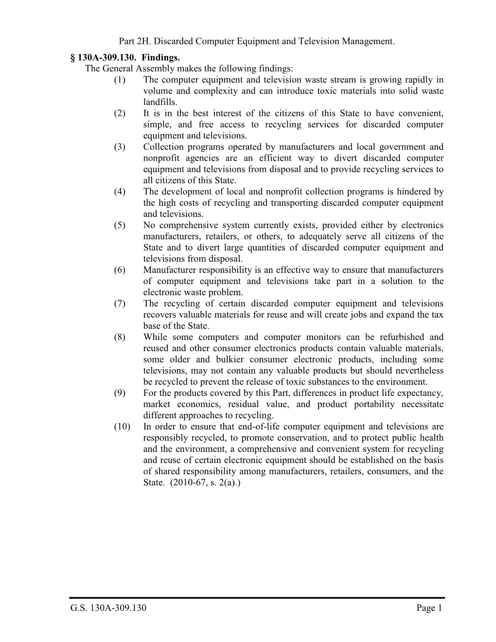 G.S. 130A-309.130 Page 1 Part 2H. Discarded Computer Equipment