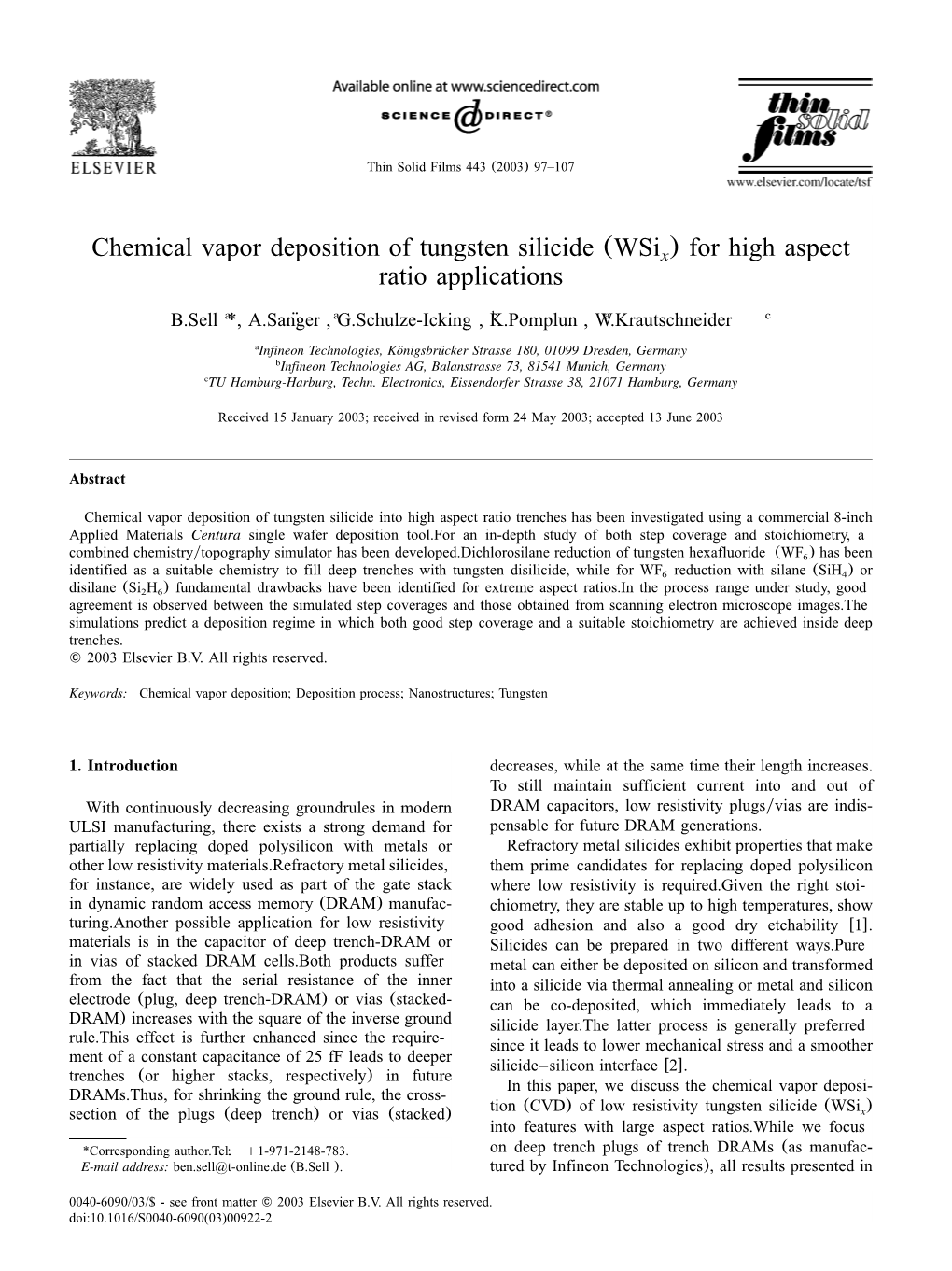 Chemical Vapor Deposition of Tungsten Silicide (Wsi ) for High Aspect Ratio Applications