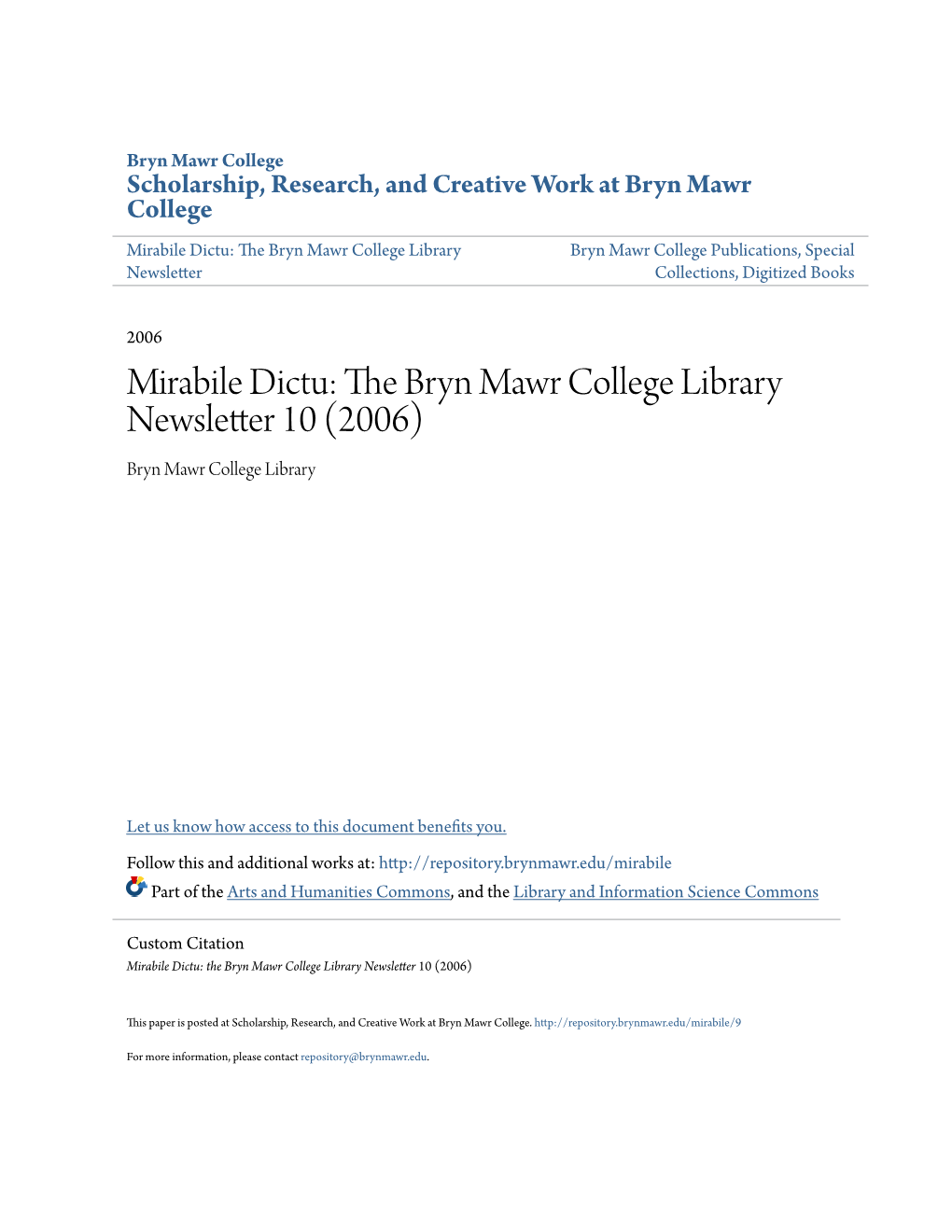 Mirabile Dictu: the Bryn Mawr College Library Newsletter 10 (2006)