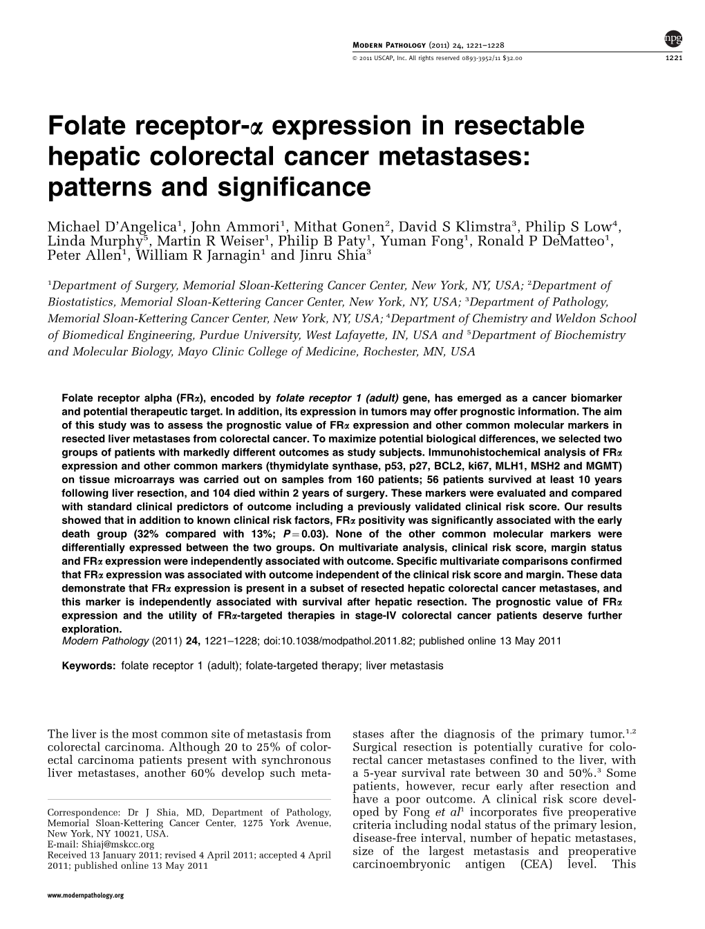 Folate Receptor-&Alpha; Expression in Resectable Hepatic Colorectal Cancer Metastases