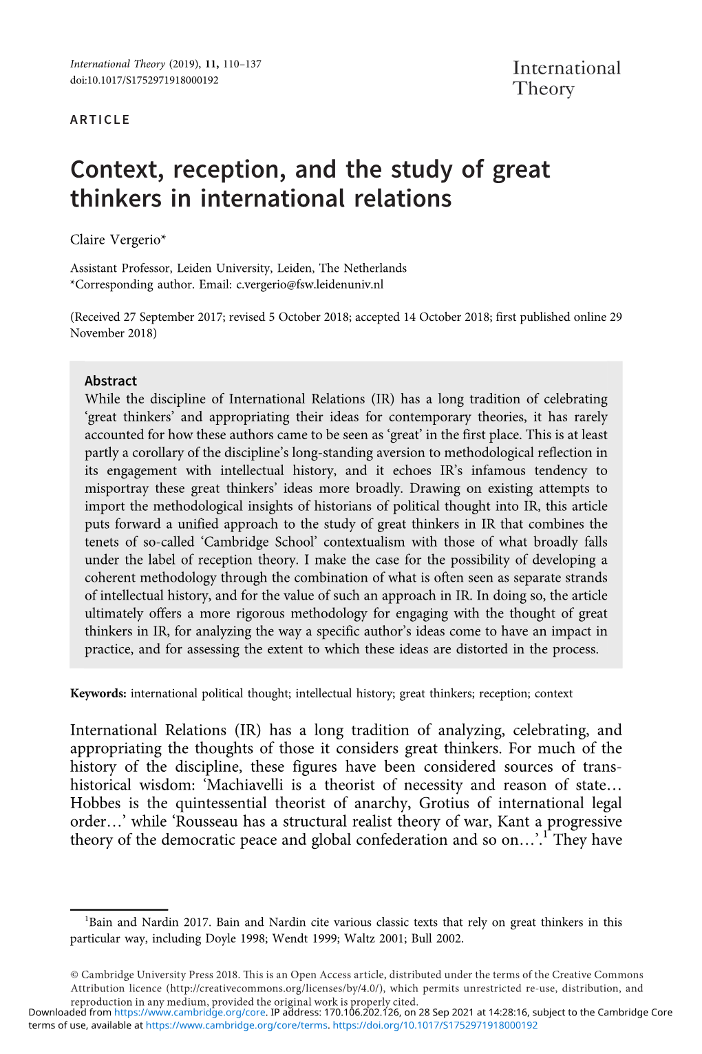 Context, Reception, and the Study of Great Thinkers in International Relations