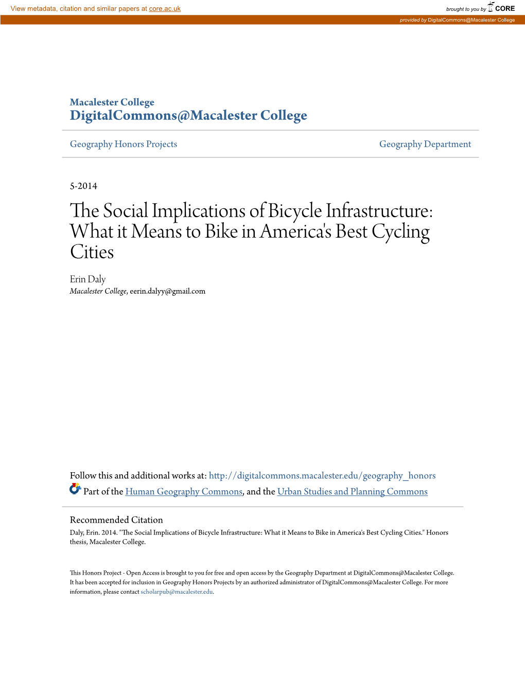 The Social Implications of Bicycle Infrastructure: What It Means to Bike