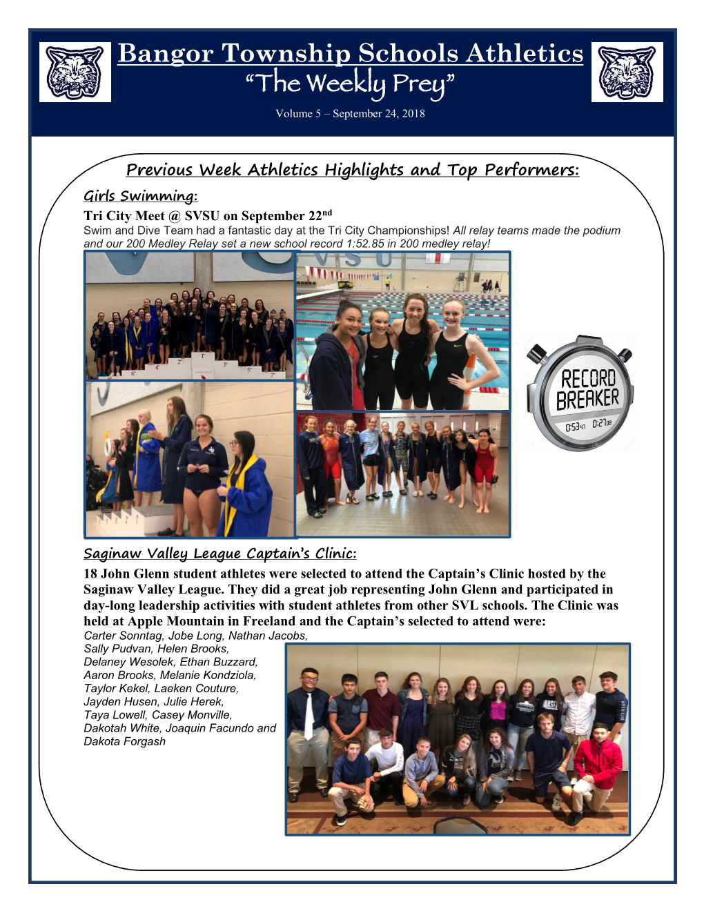Bangor Township Schools Athletics “The Weekly Prey” Volume 5 – September 24, 2018