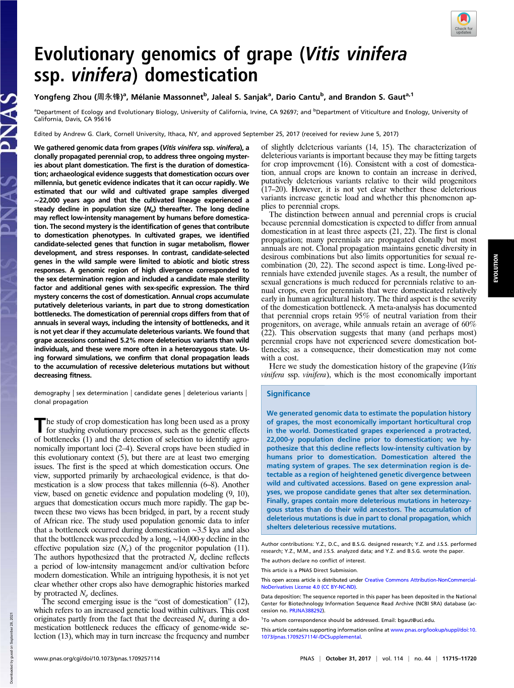 Evolutionary Genomics of Grape (Vitis Vinifera Ssp. Vinifera) Domestication